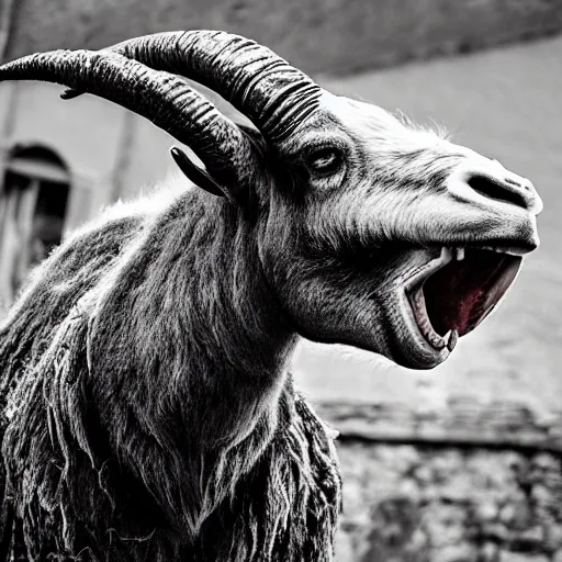 Image similar to horror, huge, vicious goat mutant monster with short blunt horns, mouth yawning wide, crocodile - like teeth, filthy matted fur, in muddy medieval village square