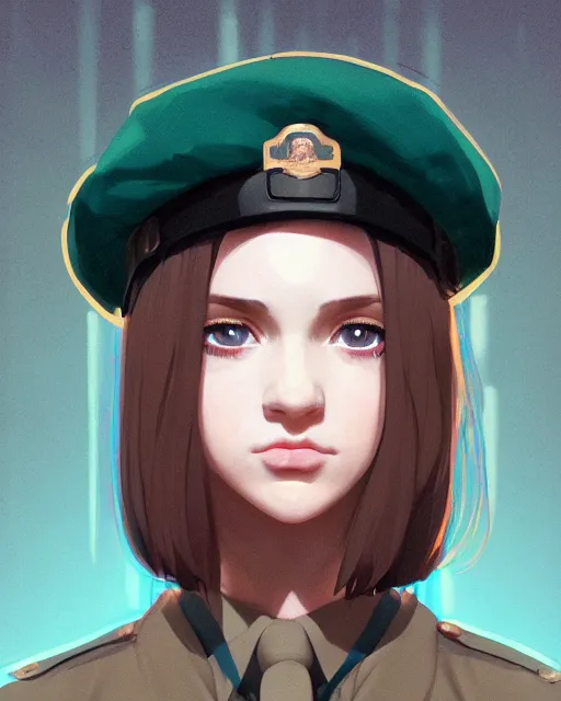 Image similar to symmetrical portrait bust of young woman with shoulder length light brown hair and hazel eyes dressed in a sharp dark teal military uniform and beret, blurred city background in twilight lighting, ilya kuvshinov, anime, greg rutkowski, guweiz, ross tran, artstation trending, artgerm, concept art, digital painting, painterly