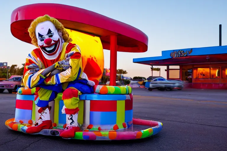 Prompt: clown - bot relaxing at a california drive in, in 2 0 1 2, cutecore clowncore, bathed in the the glow of the sunset, low - light photograph, in style of tyler mitchell