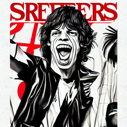 Prompt: Mick Jagger illustrated in the style of Stranger Things cover art