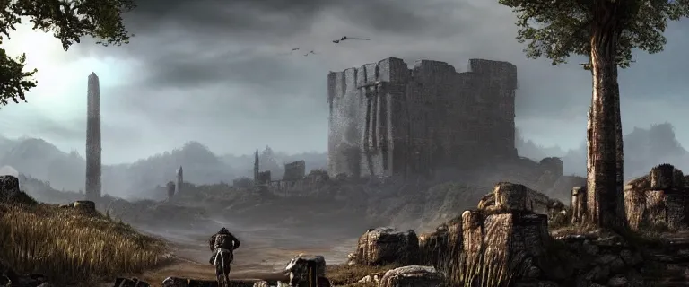 Image similar to Land Rover Defender 110 (1985), The Elder Scrolls III: Morrowind, dwemer Akulakhan robot in the distance, ancient dwemer ruins, an epic fantasy, dramatic lighting, cinematic, establishing shot, extremely high detail, photorealistic, cinematic lighting, artstation, by simon stalenhag, the Nerevarine drives across Morrowind, strange flora, strange fauna, Bull Netch floating around, Morrowind fauna prominent across the landscape
