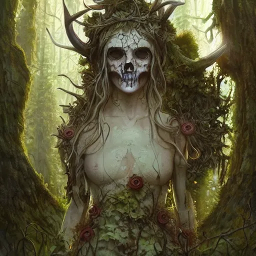 Prompt: gnarled female form forest spirit standing in the woods, skull, branch antlers, moss, vines and flowers, totem, light rays, high detail, cinematic lighting, anime, manga, watercolor, by greg rutkowski,