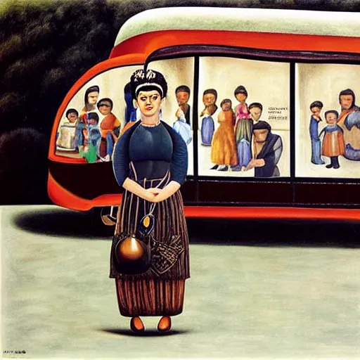 Prompt: frida kahlo standing by a bus by fernando botero