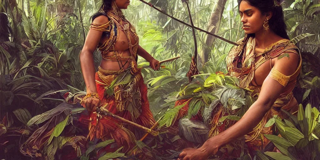 Prompt: sri lankan woman warrior weaving fabric in the jungle, intricate, elegant, highly detailed, digital painting, artstation, concept art, smooth, sharp focus, illustration, art by artgerm and greg rutkowski and alphonse mucha