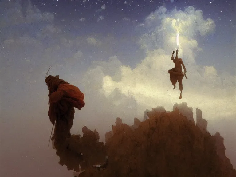 Image similar to a detailed profile oil painting of a men floating over a toiled in ther air, aurora lighting clouds and stars by beksinski carl spitzweg and tuomas korpi. baroque elements. baroque element. intricate artwork by moebius. Trending on artstation. 8k