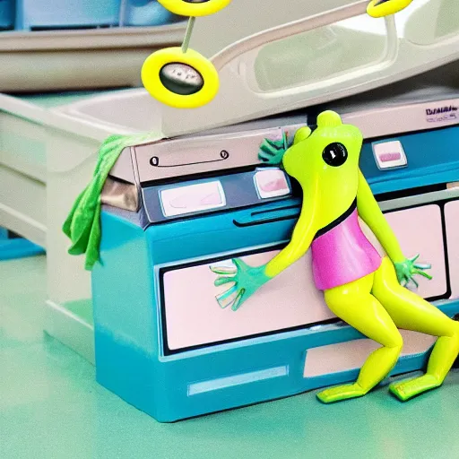 Image similar to plastic toy frog cleaning up the laundromat, pastel colors