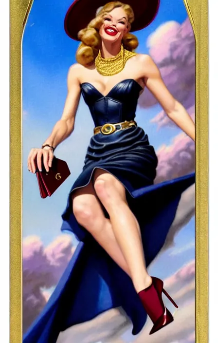 Image similar to a beautiful lady on a magic the gathering card by magali villeneuve and gil elvgren, crisp details, hyperrealism, smiling, happy, feminine facial features, stylish navy blue heels, gold chain belt, cream colored blouse, maroon hat, windblown, holding a leather purse, mtg card, mtg