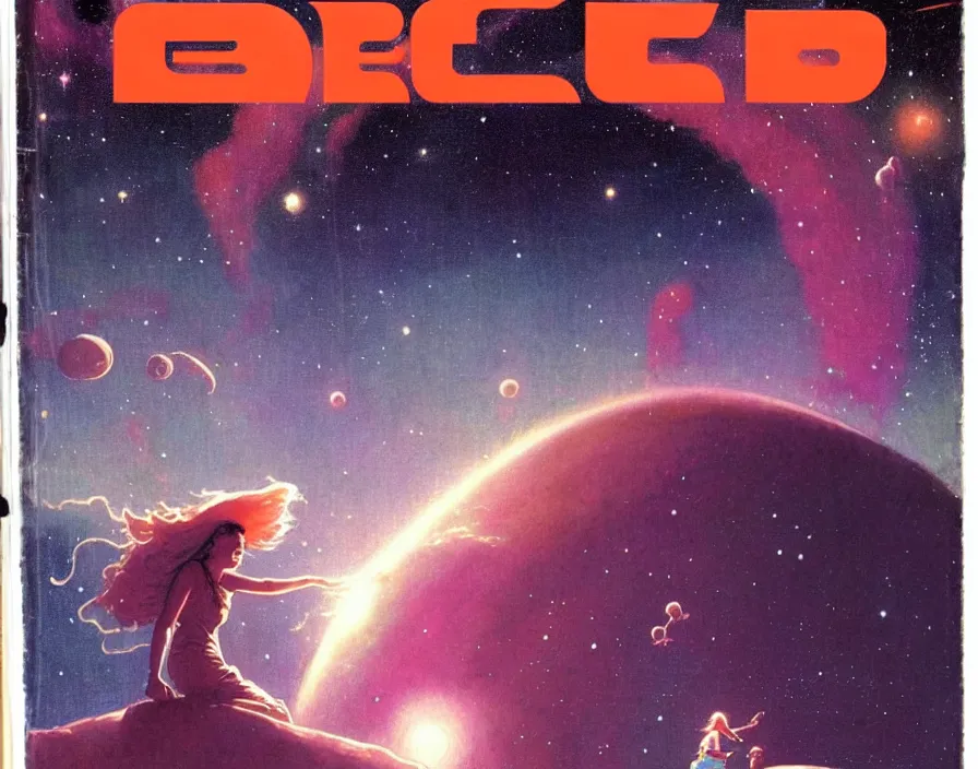 Image similar to illustrated by moebius and greg rutkowski, romantic!!! space scene!! with standing young girl!!!!, orbit of earth!, futuristic orbital station!!!!, nebulae!!, starry sky!!, rule of third!!!!, vintage cover of sci - fi magazine, cinematic!!