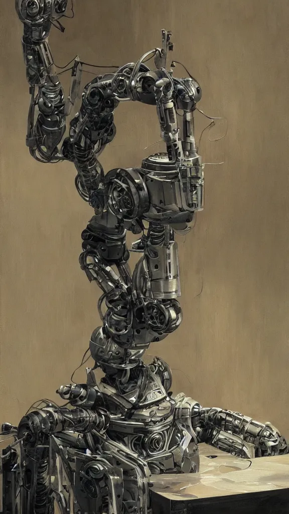 Prompt: robot painting a robot on canvas, intricate, highly detailed, photorealistic, film still, by vdragan bibin.