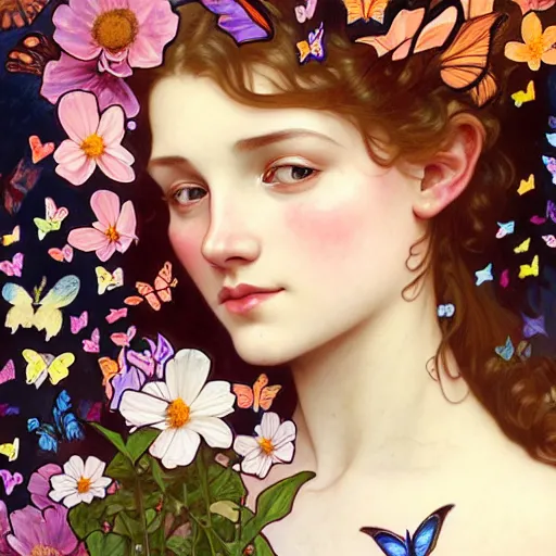 Prompt: Portrait of a girl surrounded by butterflies with different colors of flowers around them, beautiful background, vibrant, floral, colorful, graceful, sophisticated, hyperrealistic, shading, digital painting, artstation, concept art, smooth, sharp focus, illustration, art by Krenz Cushart and Artem Demura and alphonse mucha