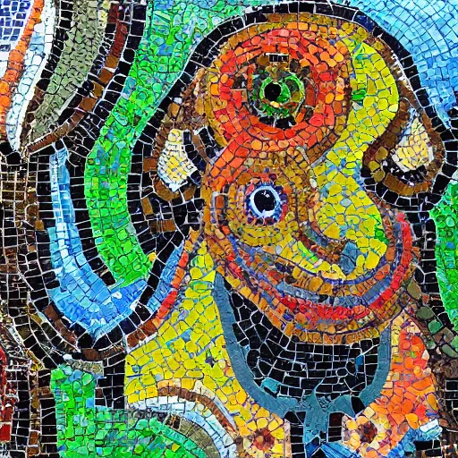 Image similar to garden containing very colorful textured variegated mosaic sculpture of a chimera, in the style of folk art