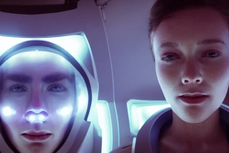 Image similar to VFX movie of a futuristic spaceman closeup portrait in high tech spaceship, beautiful natural skin neon lighting by Emmanuel Lubezki