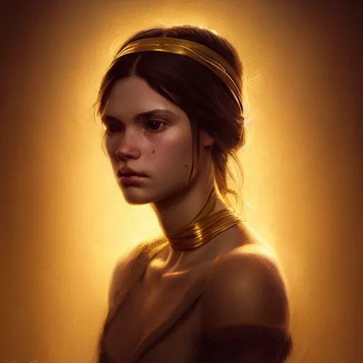 Image similar to highly detailed portrait of a young woman with long dark hair and a golden headband, art by greg rutkowski, unreal engine, high quality, vivid, stunning lighting, symmetry