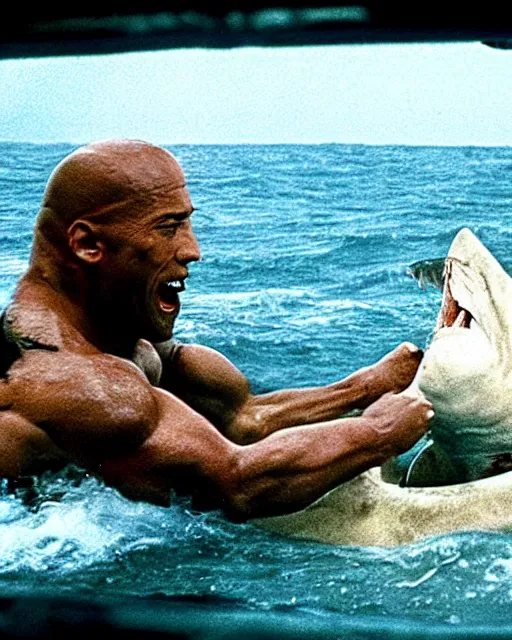 Image similar to film still close up shot of dwayne johnson wrestling a shark in the movie jaws. photographic, photography