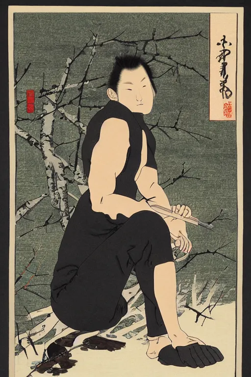 Prompt: Ukiyo-e art of squatting man in black Adidas tracksuit, birch trees