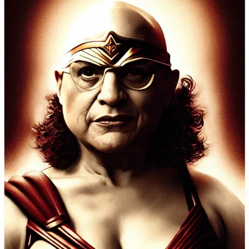 Prompt: danny devito with bald head and wonder woman costume on, digital painting, extremely detailed, 4 k, intricate, brush strokes, mark arian, artgerm, bastien lecouffe - deharme