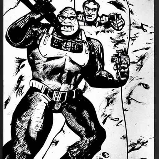 Prompt: terminator killing shrek, illustration by Jack Kirby