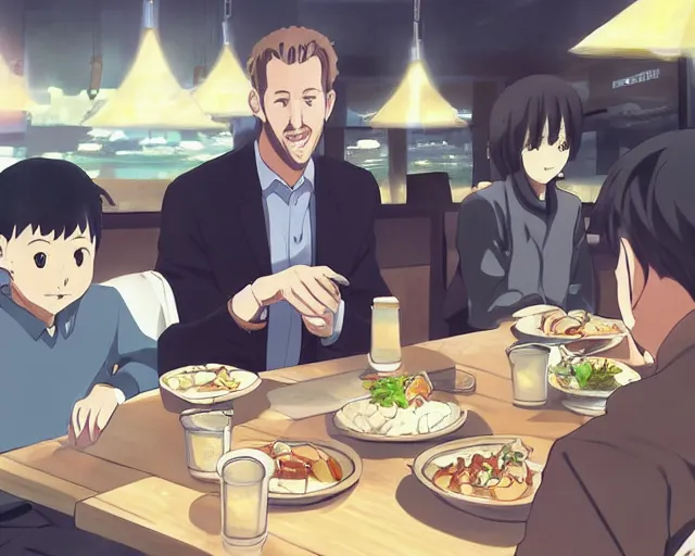 Prompt: harry kane and son heung-min eating dinner at a restaurant, slice of life anime, lighting, anime scenery by Makoto shinkai