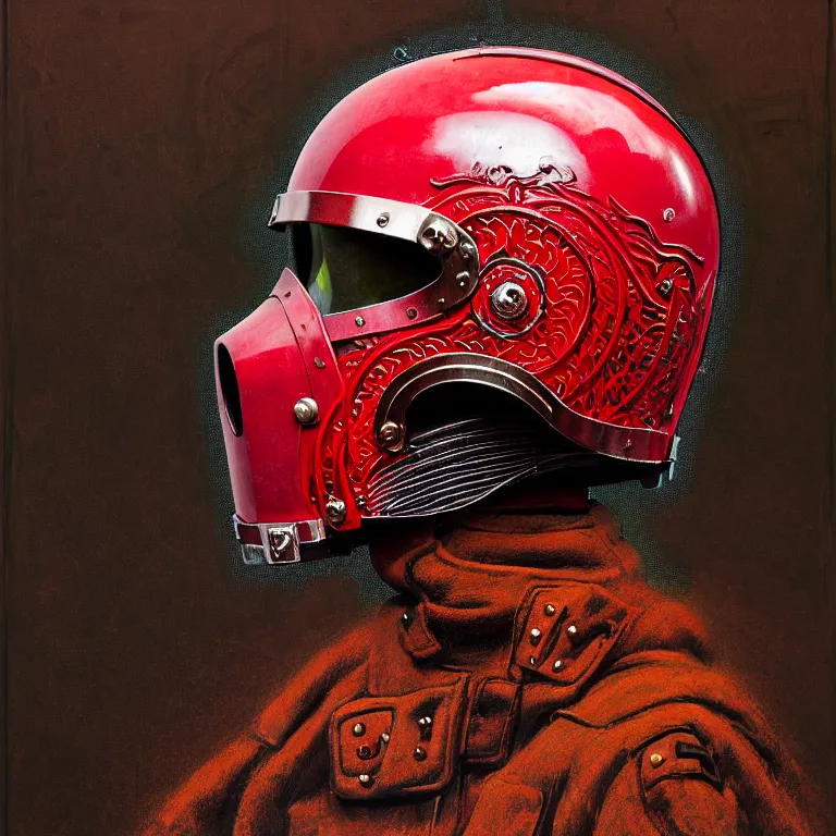 Prompt: portrait of a third reich soldier in ornate lasercore intricate artwork masterpiece motorcycle dirt helmet, background red plastic bag, rich deep colors, ultra detail, by francis bacon, james ginn, petra courtright, jenny saville, gerhard richter, zdzislaw beksinski, masterpiece, masterpiece, smooth shadows, ultra detail, fashion studio lighting, 3 5 mm