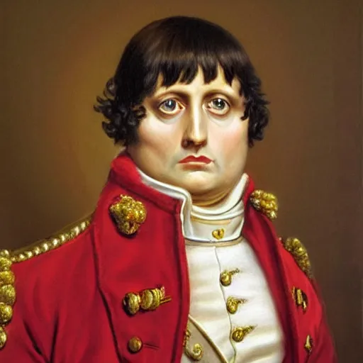 Image similar to a hyperrealistic potrait of napoleon bonaparte, he is staring, highly detailed, thick brush strokes, see able paint layers.