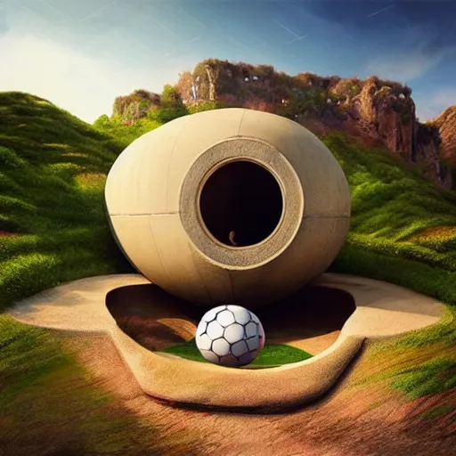 Image similar to beautiful portrait of bamboo living pods shaped like a football embedded on the side of a cliff, the time machine, art by artgerm, artwork by beeple