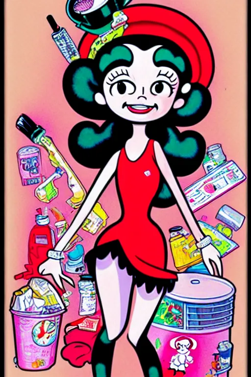 Prompt: full view, from a distance, of anthropomorphic trashcan who is betty boop from 1 9 3 0, full of trash, style of yoshii chie and hikari shimoda and martine johanna, highly detailed