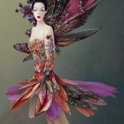 Image similar to full length view of a beautiful girl wearing an origami dress, hummingbirds, elegant, by esao andrews, by eiko ishioka, givenchy, by peter mohrbacher, centered, dramatic, floral ornamentic on cloth and hair, detailed beautiful face, high depth of field, origami, detailed fashion illustration, vogue, japanese, reallusion character creator