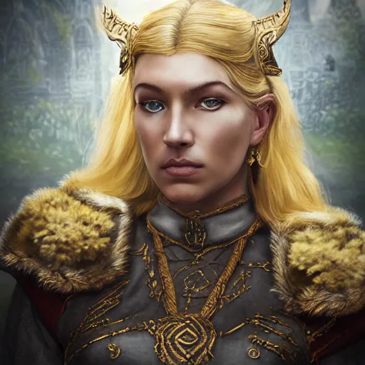 Image similar to the elder scrolls vi, majestic, gracious regal blonde female nord jarl portrait, palatial garden mysterious, mysterious atmospheric lighting, painted, intricate, volumetric lighting, beautiful, rich deep colours masterpiece, golden hour, golden ratio, sharp focus, ultra detailed, by mark kent, jordan lamarre - wan, igor kieryluk, maxim verehin, miranda meeks