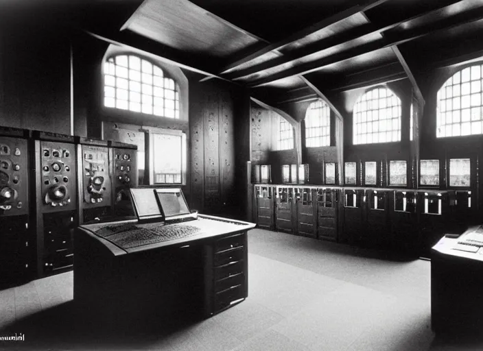 Image similar to realistic photo interior of the spacious wooden polished medieval expensive wooden room observatory scientific interior with dozens of computers and displays and molecules 1 9 9 0, life magazine reportage photo