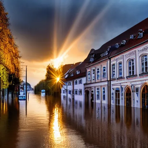 Image similar to award-winning photograph of a german town being flooded, dramatic lighting, hazy atmosphere, god rays, wide focal length, Sigma 85mm f/2, golden hour, sunset, shimmering water, dramatic perspective