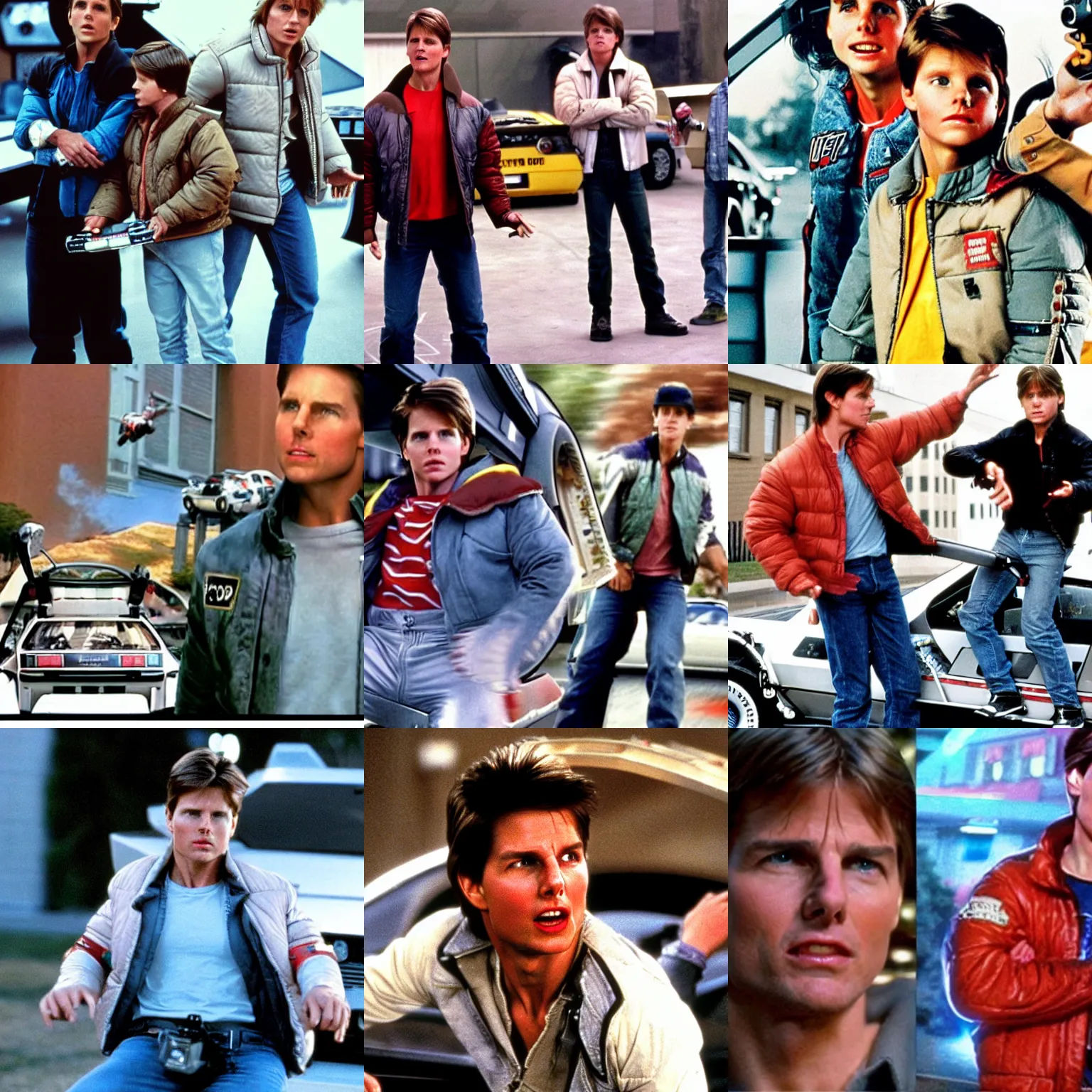 Prompt: tom cruise as marty mcfly in back to the future, hoverboard, delorean, biff