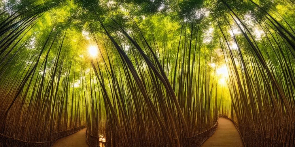 Image similar to ultra wide angle matte painting of the shunan bamboo forest in china, majestic!!! beautiful!!!, ethereal!!! ultra realistic, golden hour, volumetric lighting, sharp focus