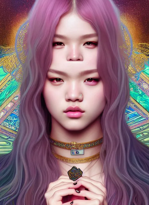 Image similar to jossi of blackpink, king, tarot card, highly detailed, digital painting, smooth, sharp focus, illustration, ultra realistic, unreal engine, 8 k, art by artgerm and alphonse mucha