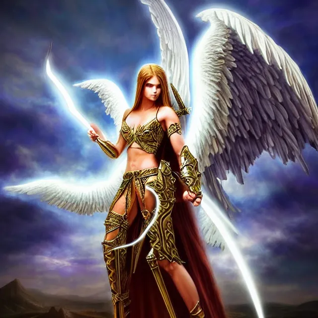 Prompt: beautiful angelic warrior with light powers, highly detailed, 4 k, hdr, smooth, sharp focus, high resolution, award - winning photo, anne stokes, photorealistic