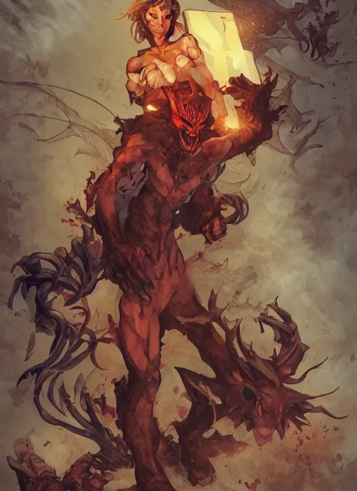 Image similar to demon holding a sign with the word ALEX written on it by artgerm and Craig Mullins, James Jean, Andrey Ryabovichev, Mark Simonetti and Peter Morbacher 16k