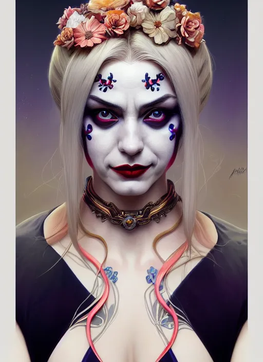 Image similar to symmetry portrait of floral harley quinn, intricate, elegant, highly detailed, digital painting, artstation, concept art, smooth, sharp focus, illustration, art by artgerm and greg rutkowski and alphonse mucha, 8 k