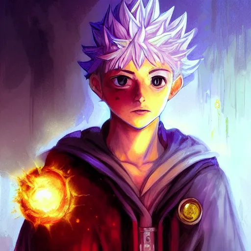 Prompt: portrait portrait portrait of Killua Zoldyck Mage doctor wearing a fireball in his right hand whilst wearing a waterball in his left hand whilst wearing a Shield of Omnipotence greg rutkowski peter mohrbacher anato finnstark marc simonetti Grisaille Realism