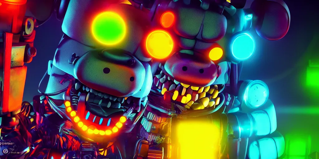 Image similar to fnaf freddy, cyberpunk, rgb, neon, hd, cinematic,