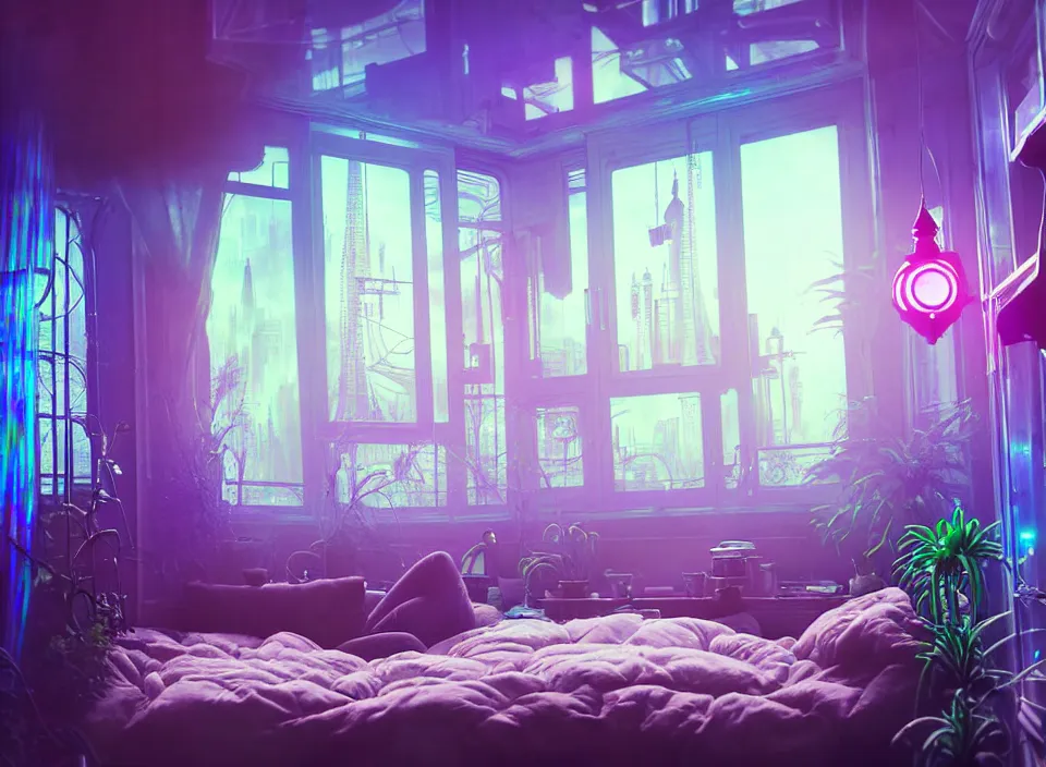 Image similar to telephoto photograph depicting the experience of acceptance in a cosy cluttered french sci - fi ( art nouveau ) cyberpunk apartment in a pastel dreamstate art cinema style. ( iridescent terrarium!, computer screens, window ( city ), leds, lamp, ( ( ( terrarium bed ) ) ) ), ambient light.