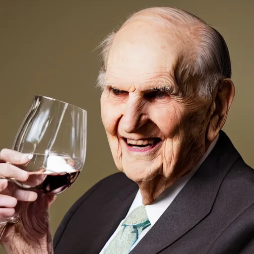 Image similar to photo of Russell M Nelson in a suit having a drink of wine, pr photo shoot, pristine and clean, 85mm lens,