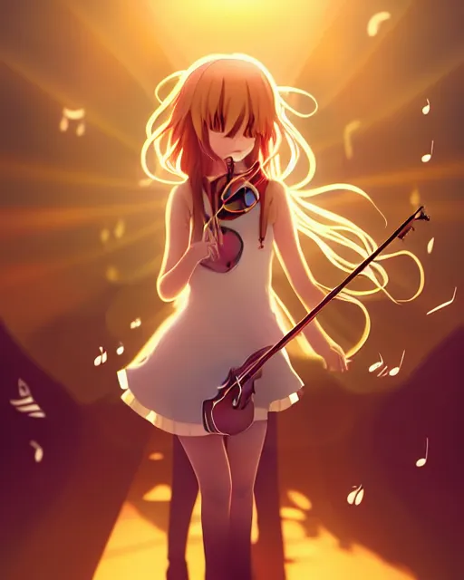 Image similar to anime style, creative, full body, a cute girl with white skin and golden long wavy hair holding a violin and playing a song, heavenly, stunning, realistic light and shadow effects, happy, centered, landscape shot, happy, simple background, studio ghibly makoto shinkai yuji yamaguchi