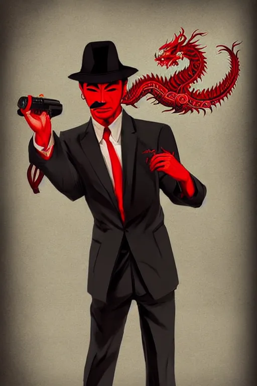 Image similar to chinnese mafia, with black suit and red tissue, some of leader have dragon tatto. digital art, concept art, pop art, bioshock art style, accurate, detailed, gta chinatown art style, dynamic, face features, body features, proportional, ultra realistic, smooth, sharp focus, art by richard hamilton and mimmo rottela