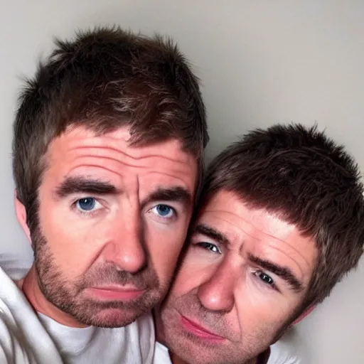 Image similar to LIam and Noel Gallagher taking a selfie together in 2022, real life, hyperrealistic, ultra realistic, realistic, highly detailed, epic, HD quality, 8k resolution, body and headshot, Trending on Artstation, very realistic