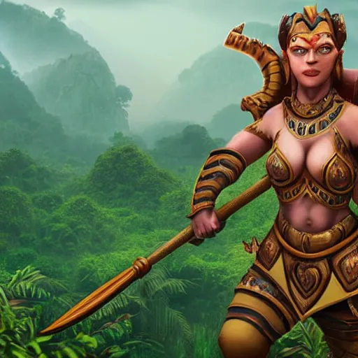 Image similar to armoured ginger dwaven women wielding a hammer and shield, jungle clearing, awesome floating mountain in the shape of a human heart. 4k realism landscape