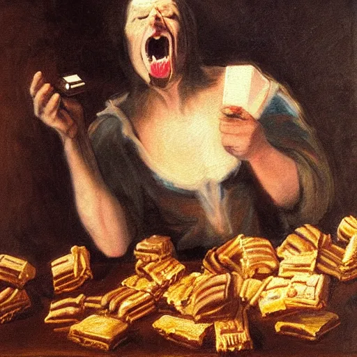 Image similar to saturn devouring a snickers chocolate bar, goya painting, in the style of goya and greg rutkowski, in the style of black paintings, 8 k, highly realistic