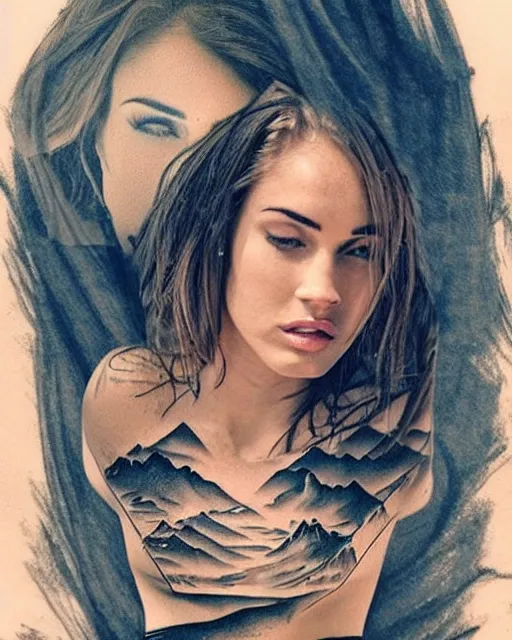 Prompt: megan fox face surreal double exposure effect beautiful mountain scenery, medium sized tattoo sketch, amazing detail, trending on pinterest, in the style of brandon kidwell