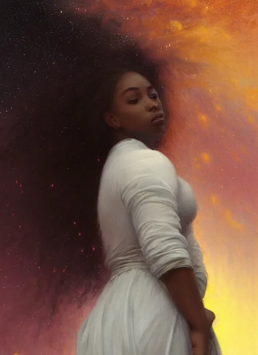 Prompt: oil painting close up portrait of a contemplative young black woman with long flowing hair in a white dress, with white roses, surrounded by colorful nebula stardust galaxies at sunset, hazy, digital art, chiaroscuro, artstation, cinematic, golden hour, concept art, digital art painting by greg rutkowski, william - adolphe bouguereau, hazy atmosphere, cinematic lighting