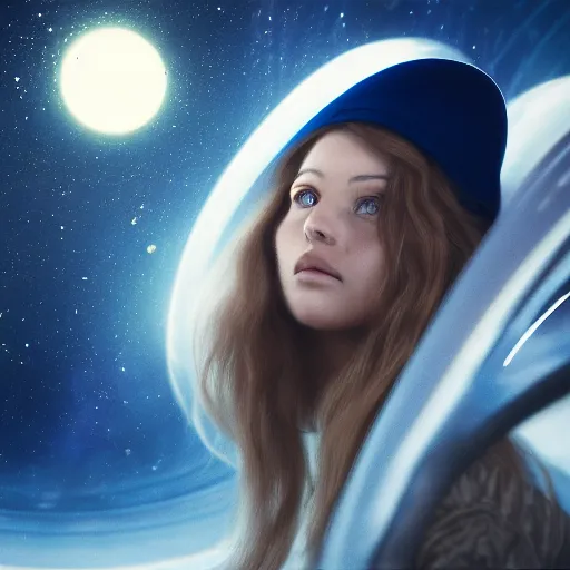 Prompt: a portrait of a beautiful woman exploring a space ship by bruce weber, long hair, aged 2 5, swedish, wearing a travel hat, photo realistic, real life, photograph, 3 5 mm, octane render, trending on artstation