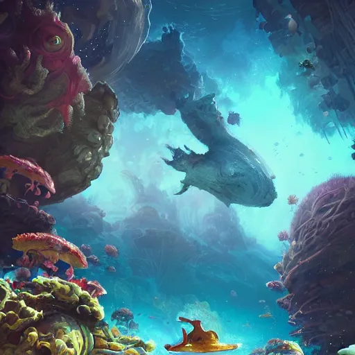 Prompt: Astronauts and some mythical animals are swimming under a sea, this is an extravagant planet with wacky wildlife, the background is full of ancient ruins, by Jordan Grimmer digital art, trending on Artstation,