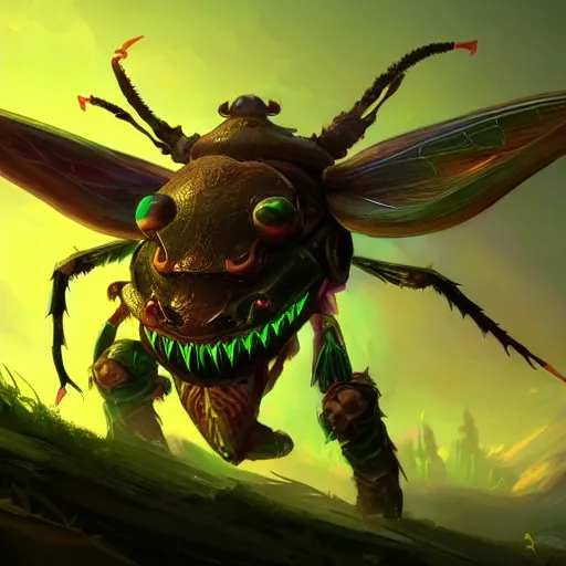 Image similar to a giant glowing horned beetle, horned beetle, green theme, bright art masterpiece artstation. 8 k, sharp high quality artwork in style of jose daniel cabrera pena and greg rutkowski, concept art by tooth wu, blizzard warcraft artwork, hearthstone card game artwork, horned beetle